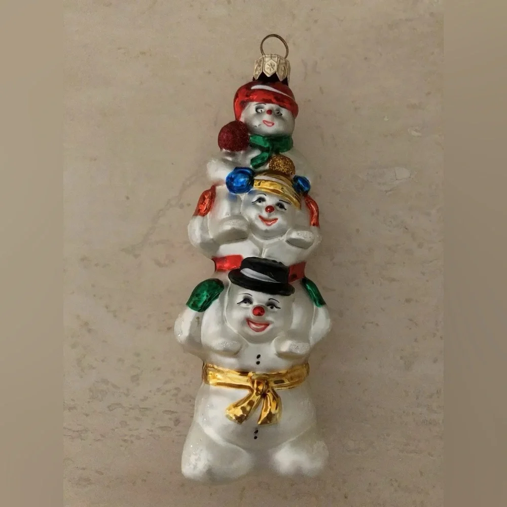 Snowmen Stack Totem Pole Blown Glass Christmas Ornament Family 5”